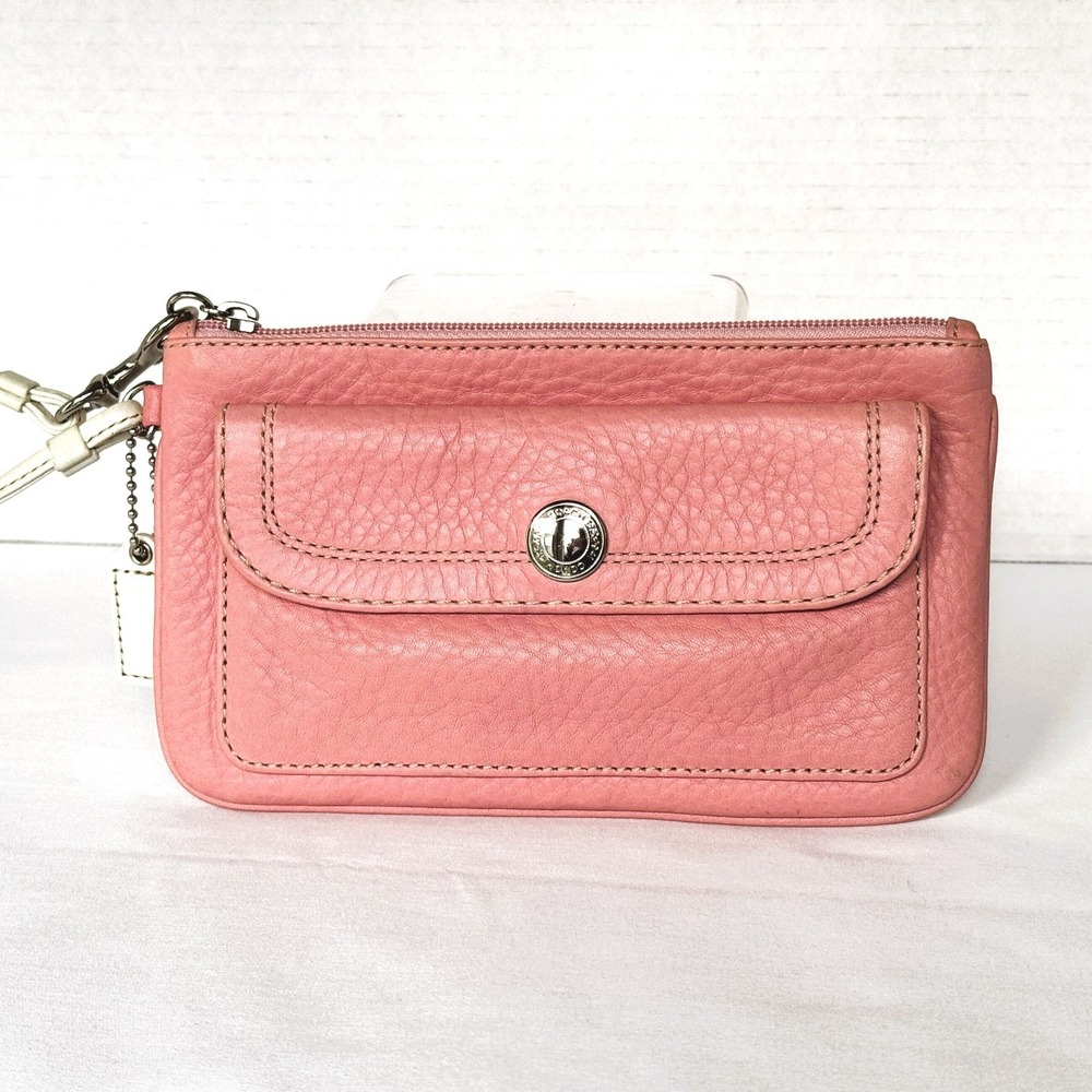 Coach Wristlet Pink Pebbled Leather White Leather Strap Exterior Front Pocket